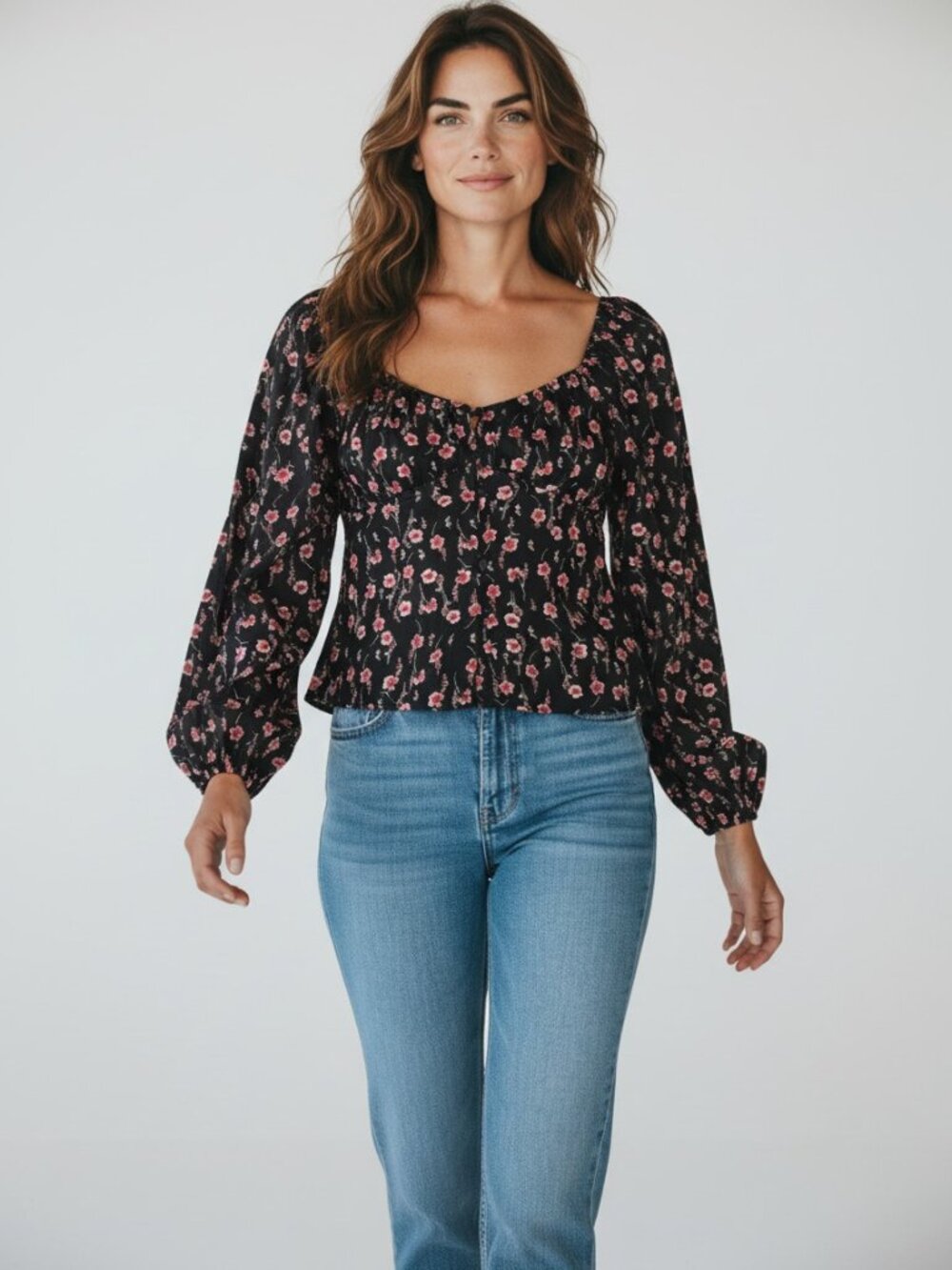 Mi Ami Black Pink Floral Corset Blouse XS Puff Sleeve Coquette Cottagecore